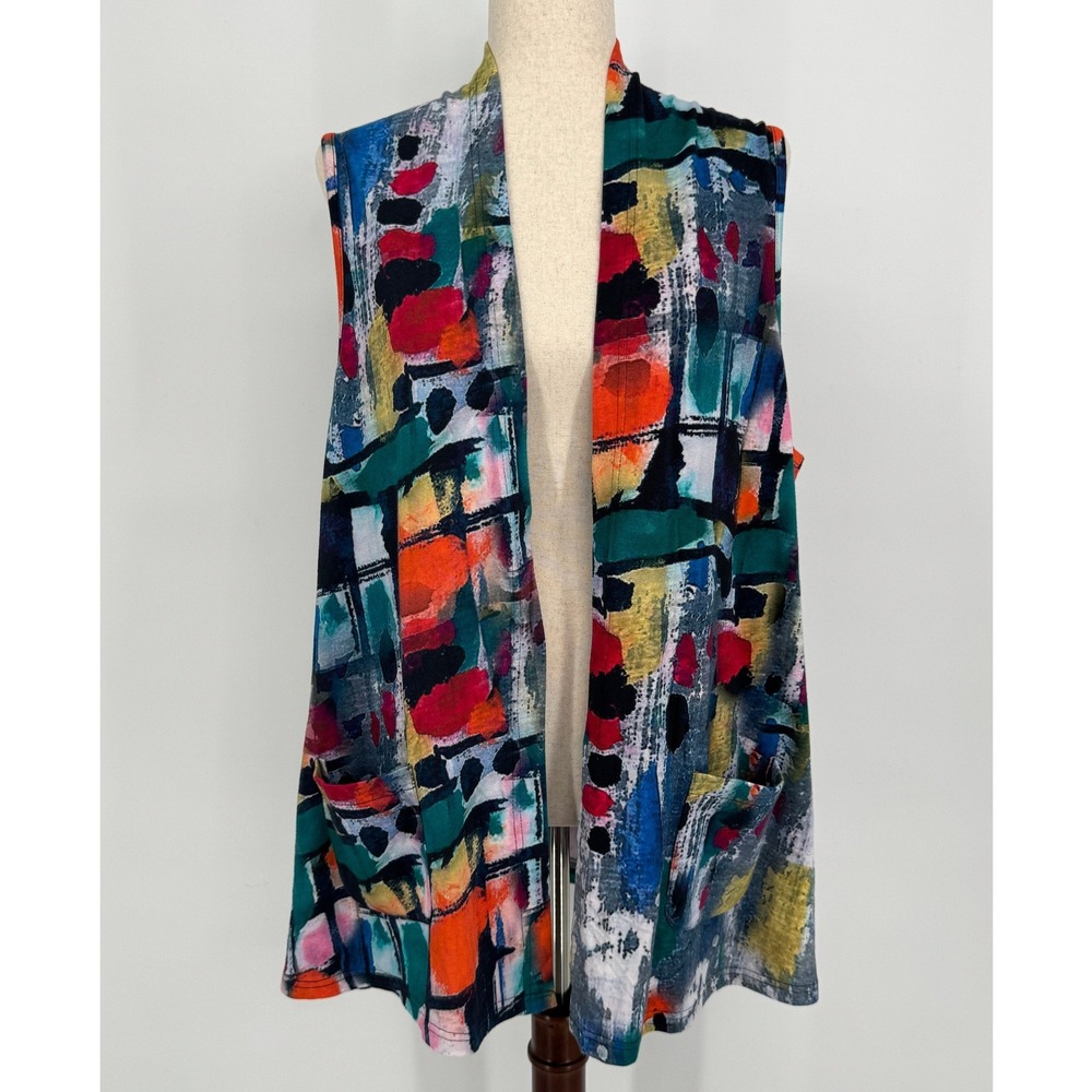 Parsley & Sage Abstract Print Open Front Vest Size Large Multicolor Art To Wear